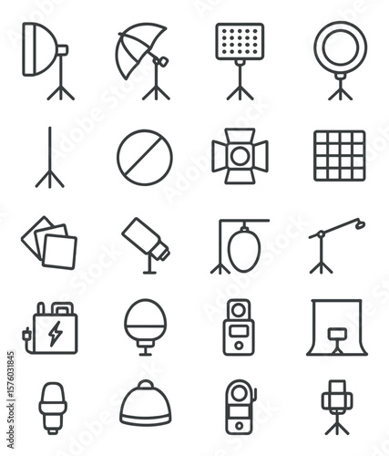 Studio Lighting Gear line art icons. softbox, umbrella light, LED panel, ring light, light stand, reflector disc, barn doors, light grid, color gels, snoot, diffuser, boom arm,