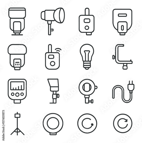Flash and Strobe Equipment line art icons. speedlight, strobe head, trigger unit, hot shoe, flash diffuser, wireless transmitter, modeling light, flash bracket, TTL control, bounce