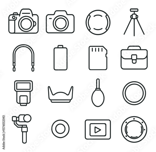 Camera Equipment line art icons. DSLR camera, mirrorless body, lens cap, tripod, camera strap, battery pack, memory card, camera bag, flash unit, lens hood, cleaning brush, filter