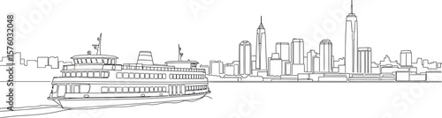 Iconic Staten Island Ferry and New York City Skyline Line Art Vector Illustration