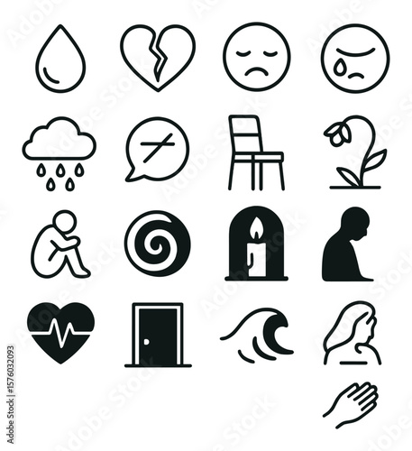 Grief Emotions line art icons. tear drop, broken heart, sad face, crying eye, heavy cloud, silence bubble, empty chair, fading flower, loneliness icon, downward spiral, candle in