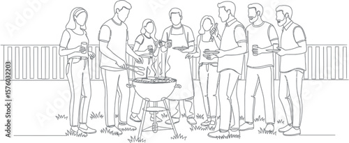 Line Art Illustration of Friends Grilling at an Outdoor Barbecue Party