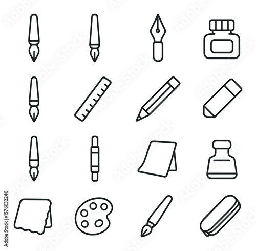 Calligraphy Tools line art icons. dip pen, brush pen, calligraphy nib, ink bottle, fountain pen, ruler, pencil, eraser, water brush, ink converter, blotting paper, ink well,