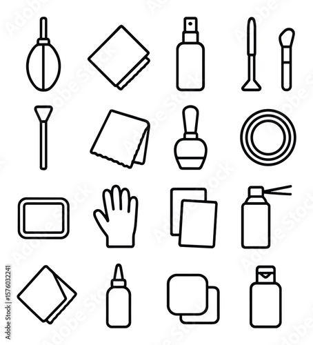 Camera Cleaning Kit line art icons. blower, lens cloth, cleaning solution, lens pen, sensor swab, microfiber towel, cleaning brush, dust cap, cleaning tray, anti-static glove, lens