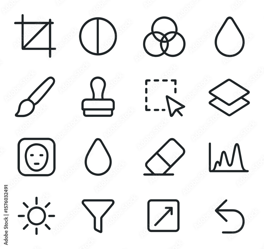 Photo Editing Tools line art icons. crop icon, contrast adjustment, color balance, saturation icon, brush tool, clone stamp, selection tool, layer icon, mask icon, blur tool,