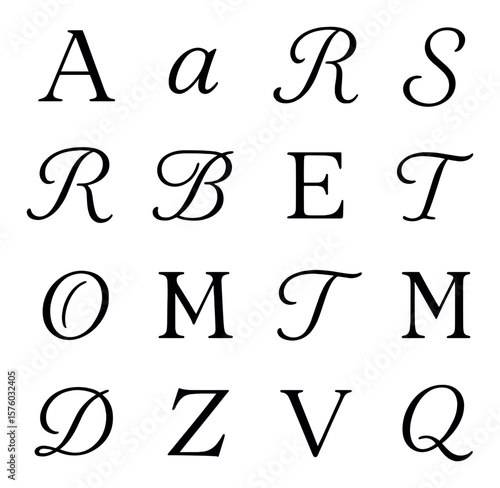 Calligraphy Alphabets line art icons. uppercase A, lowercase a, flourished B, looped L, swash R, ornate S, minimalist E, wide M, connected O, gothic H, script T, serif N, cursive D