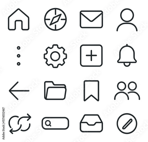 Platform Interface Icons line art icons. home feed, explore tab, DM icon, profile circle, menu dots, settings gear, new post icon, notification bell, back arrow, archive folder,