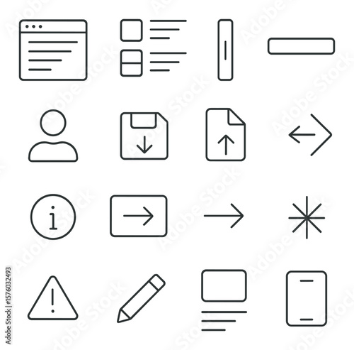 Survey user interface line art icons. survey window, question layout, scroll bar, form field, user icon, save draft, upload file, skip question, info tooltip, submit page,