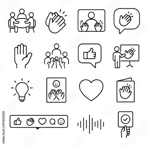 Applause in meetings line art icons. roundtable icon, clapping emoji, video call screen, speech bubble, raised hand, team icon, chat reaction, virtual thumbs up, presentation