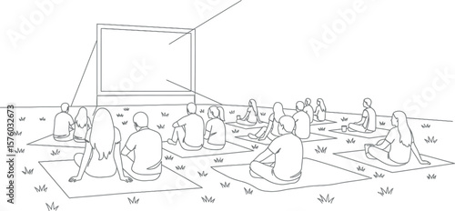 Outdoor Movie Screening Line Art Illustration - Open Air Cinema Audience