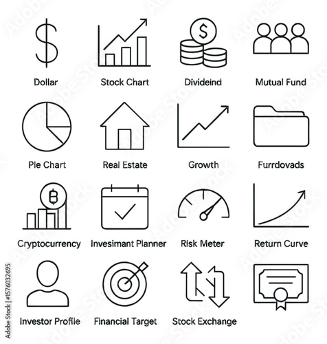 Investment Portfolio line art icons. dollar sign, stock chart, dividend icon, mutual fund, asset pie chart, real estate icon, growth line, portfolio folder, crypto bar, investment