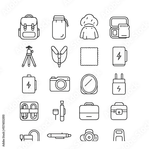 On-the-Go Photography Gear line art icons. camera backpack, lens pouch, rain cover, memory card case, portable tripod, travel strap, microfiber cloth, power bank, extra battery,