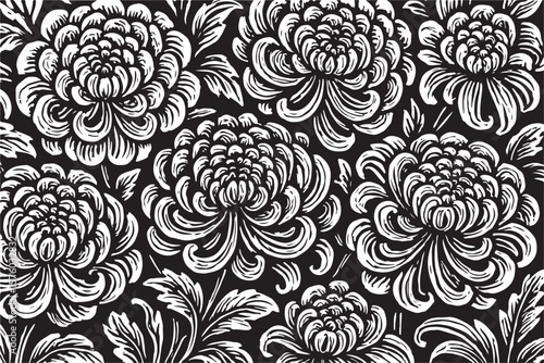 Elegant black and white floral pattern featuring detailed chrysanthemum flowers and leaves creating a sophisticated and timeless design