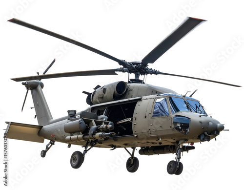 Top-Down Angle of Stealth Military Helicopter with Camouflage Paint and Rotating Blades, Isolated on Transparent Background