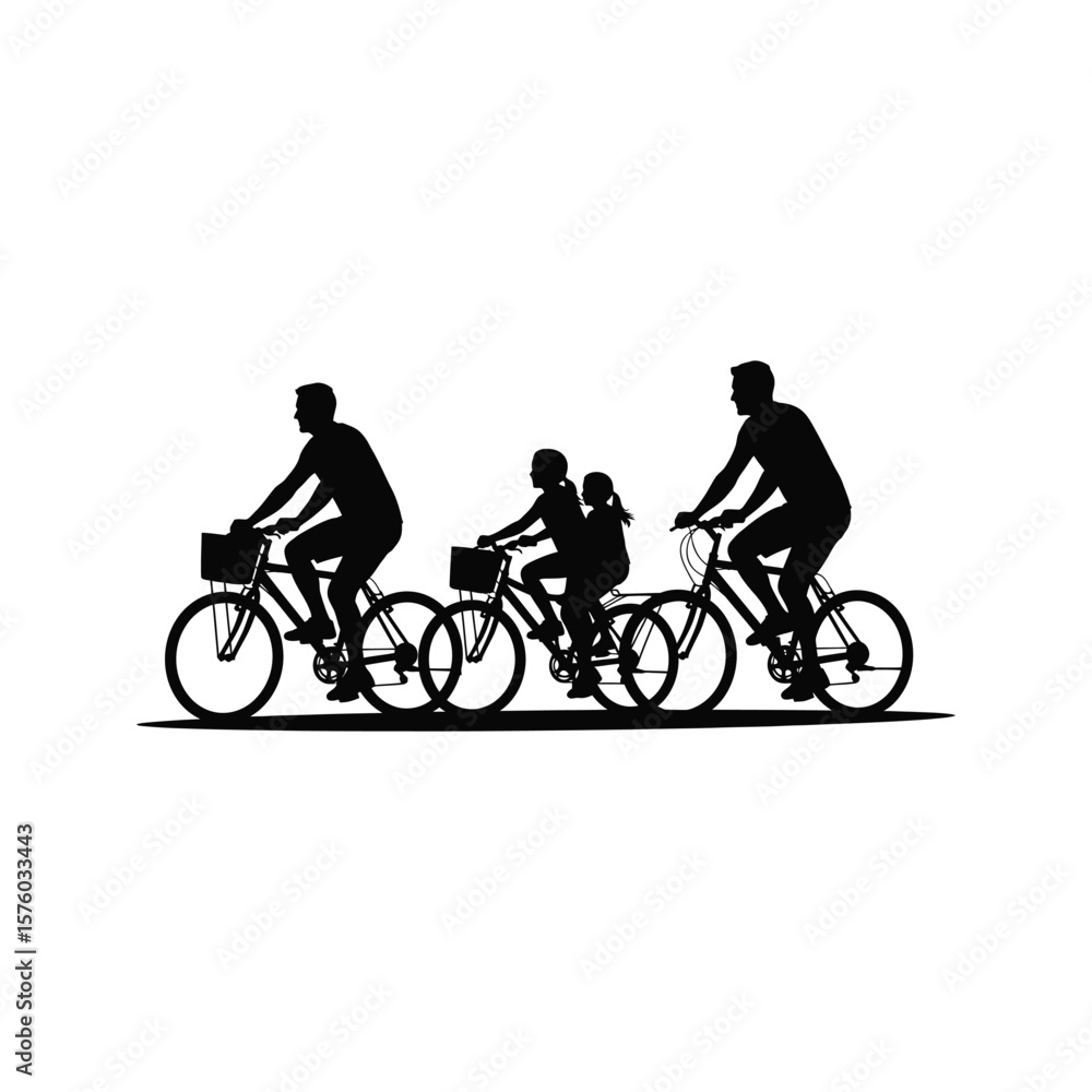 Family Cycling Silhouette Two Adults Two Kids on Bikes Active Lifestyle Family Cycling Silhouette Two Adults Two Kids on Bikes Active Lifestyle