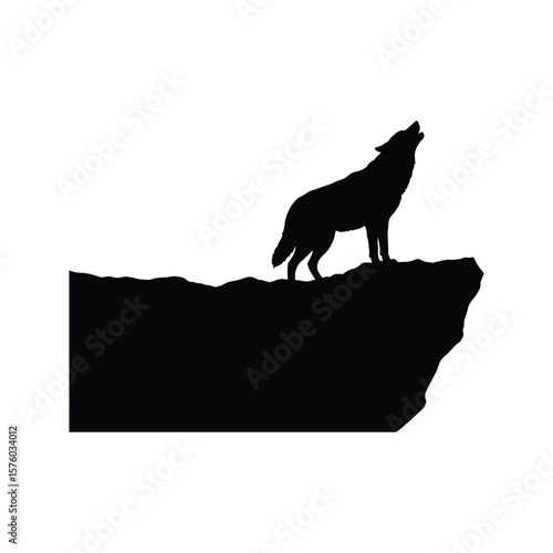Howling Wolf Silhouette on a Clifftop  Black and White Vector Illustration
