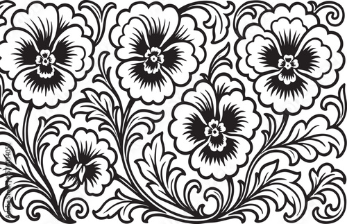 Elegant black and white floral border design featuring stylized pansy flowers and swirling leaves in a vintage ornamental pattern