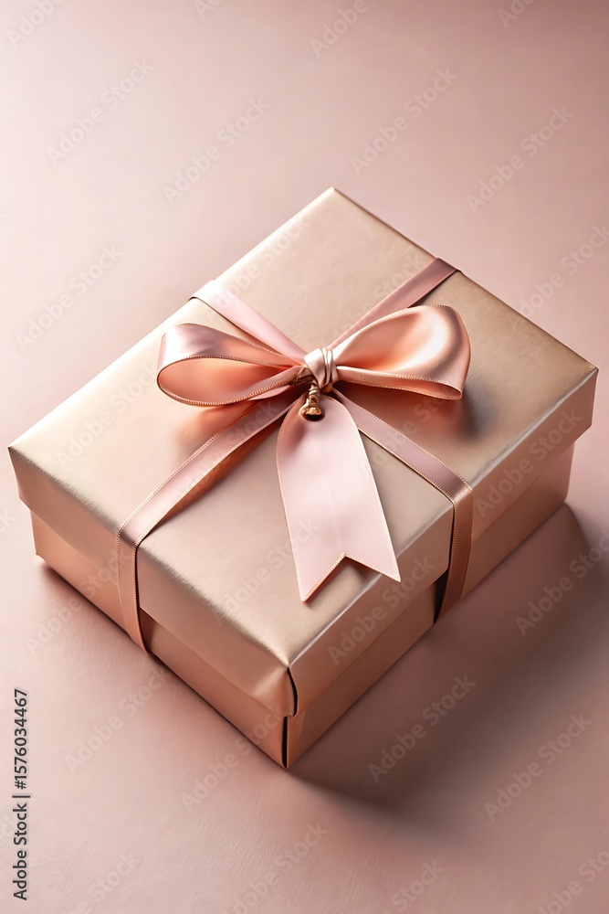 Obraz premium A beautifully wrapped gift box with a rose gold ribbon sits on a matching surface