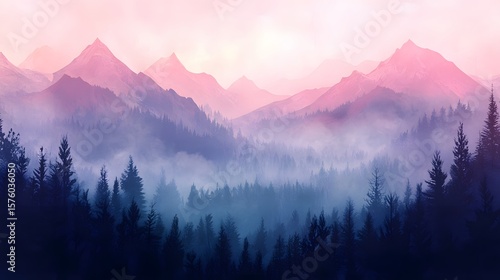 Misty mountainscapes with a pastel color palette.