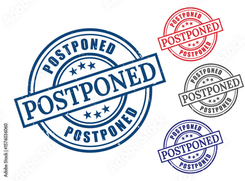 Postponed Grunge Rubber Stamp Collection, Delay Reschedule Vector Set  