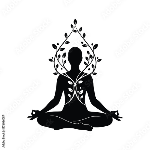 Silhouette of a person in lotus yoga pose with floral ornament meditation spiritual growth nature
