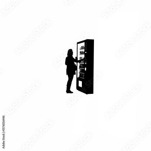 Silhouette of person selecting snack from vending machine on white background