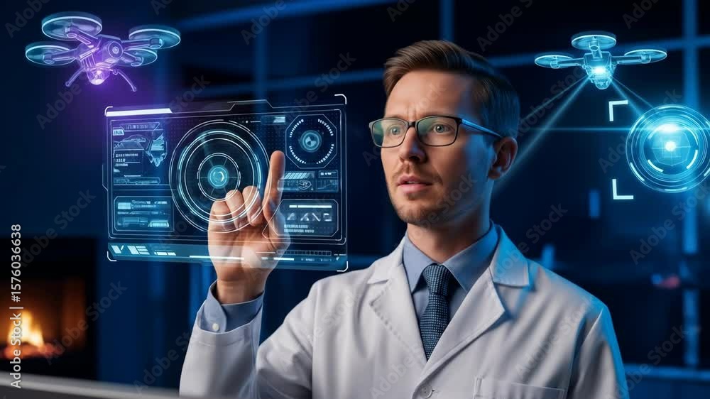 Scientist analyzing drone technology with holographic interface in a modern lab setting Scientist analyzing drone technology with holographic interface in a modern lab setting