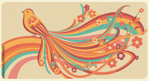 Vibrant psychedelic retro bird illustration for art and children's projects, nature themed designs