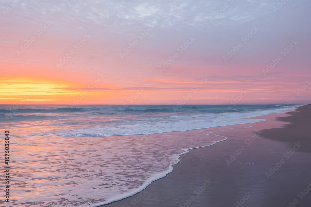 Fototapeta premium Serene beach at sunrise with pastel pink and orange sky and gentle waves