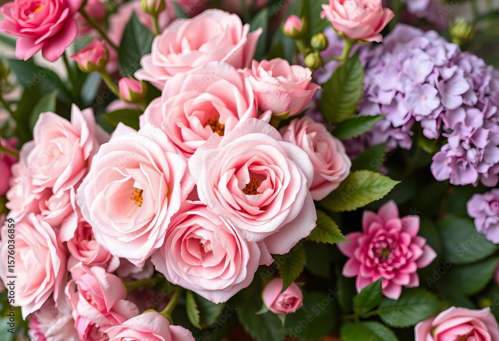 Blush pink garden roses, ranunculus, and hydrangea in lush bouquets Vector design, romantic flowers, beautiful flowers Blush pink garden roses, ranunculus, and hydrangea in lush bouquets Vector design, romantic flowers, beautiful flowers