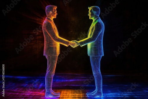 Digital wireframe men shaking hands business concept