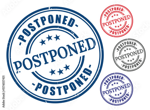 Delayed Event Badge Collection, Grunge Rubber Postponed Stamp Icons  