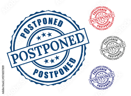 Event Postponed Label Set, Reschedule Notice Grunge Stamp Vector  