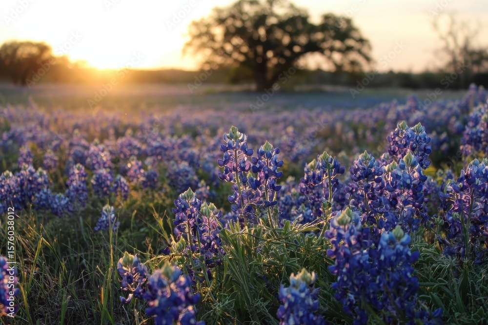 Fototapeta premium Texas Scenery: Bluebonnet Wildflowers Blooming in Spring Sunrise at Meadow