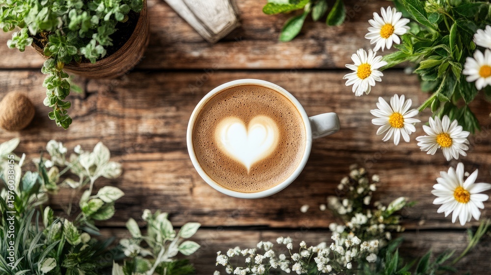 Obraz premium Latte art heart on a rustic wooden surface with flowers and greenery.