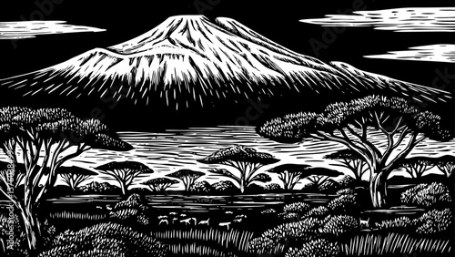Mount Kilimanjaro with its flat summit and surrounding African plains, drawn in black and white line art illustration great for wildlife, safari branding, and educational natural maps