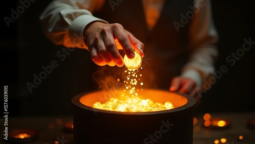 Digital Alchemy Hand turning leaden data blocks into golden insights within a glowing crucible interface.