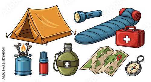 Illustration of camping gear including tent, sleeping bag, first aid kit and other essentials items