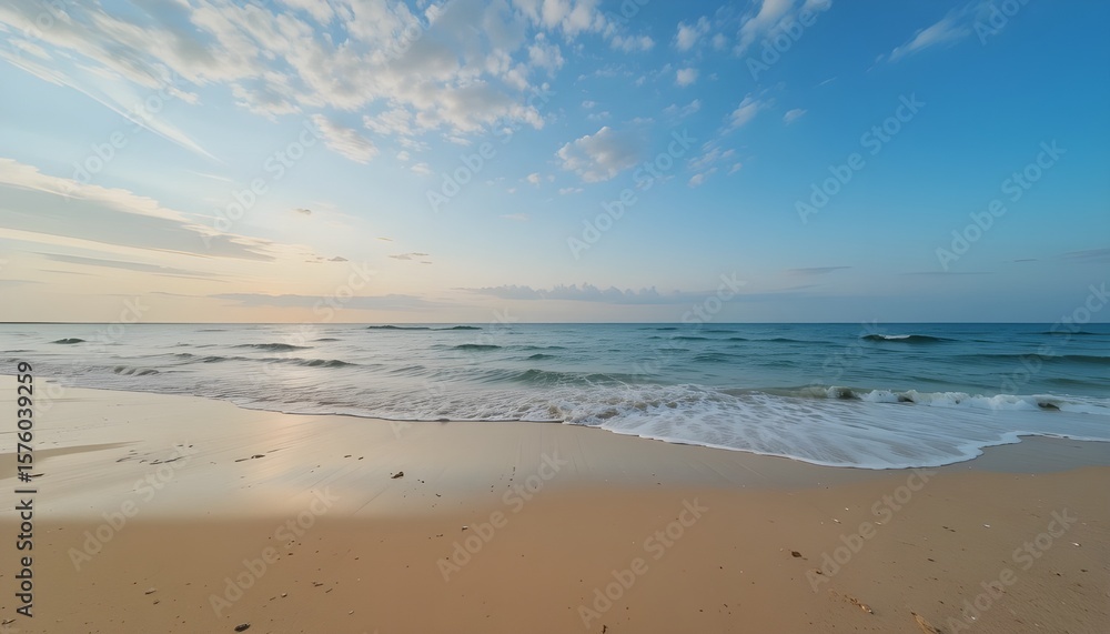 Calm beach with gentle waves at sunrise Calm beach with gentle waves at sunrise