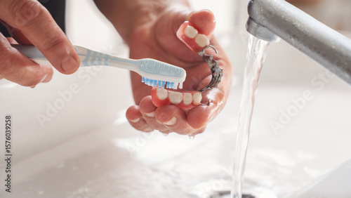 Woman washing her dentures in running water