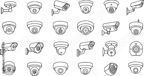 Set of black outline vector icons of surveillance cameras in various angles, ideal for security, monitoring, and technology-themed designs.
