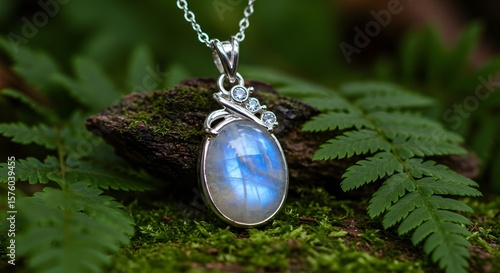 Elegant moonstone necklace resting on mossy rock with blurred greenery