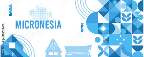Colorful Geometric Micronesia Banner with Cultural Symbols and Flag Elements