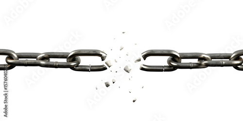 Metal chain breaking apart with debris isolated on a transparent background broken link