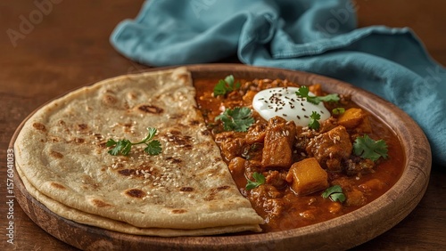 Layered flatbread made from maida or whole wheat flour served with a rich and spicy Asian curry sauce featuring beef, chicken, and egg. A classic dish from Indian cuisine