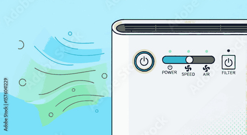 Air purifier expelling clean air, showing control panel and filter.