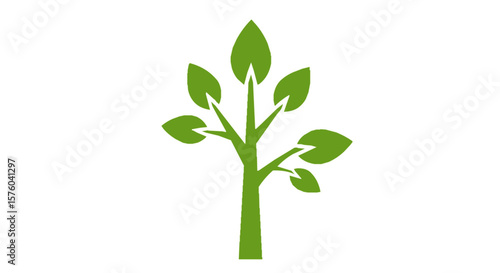 A stylized green sapling with several leaves, representing growth and nature.