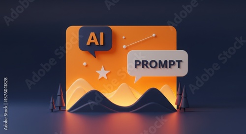 Stylized ai prompt scene with speech bubbles and mountain landscape design