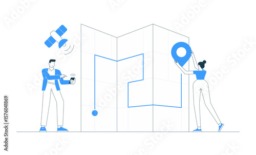 Vector illustration of people using GPS to plan a route on a map for travel, navigation, or delivery. Includes man, woman, phone, location, app, city geolocation, roadmap pin concept. Flat line design