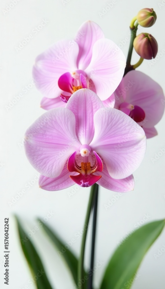 Fototapeta premium Delicate pink and white phalaenopsis orchids, pristine white background , fresh, image, flowers